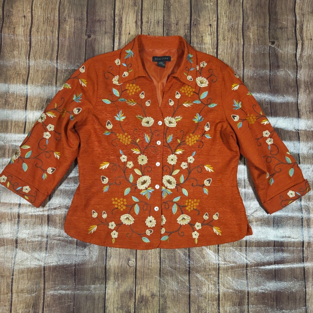 Vintage Silkland Button Up Shacket Womens XL Burnt Orange Boho Art Wear Folklore